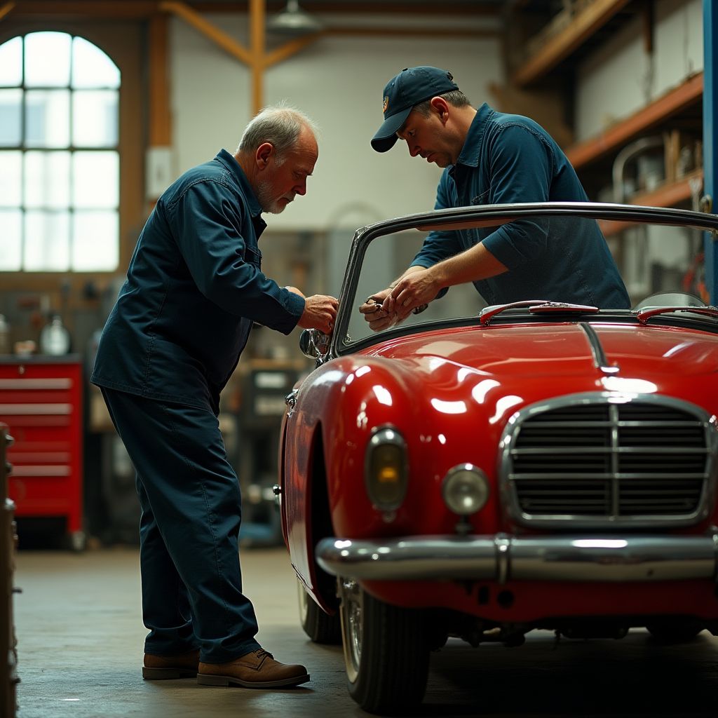 Mechanici pečlivě pracující na automobilu