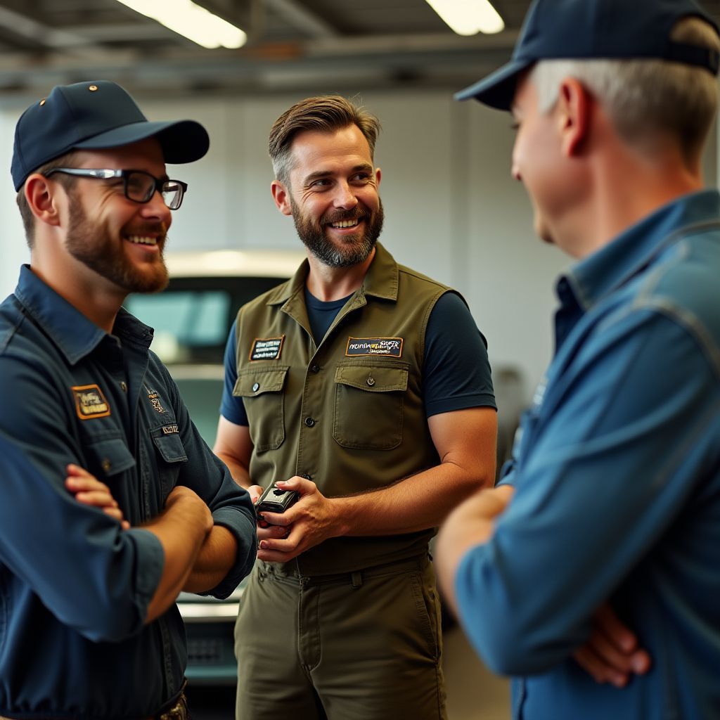 Mechanici při ranní poradě