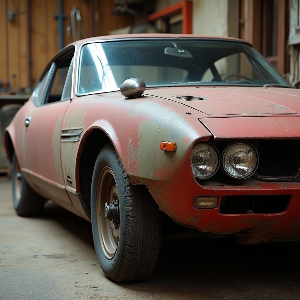 Karosář pracující na opravě karoserie automobilu